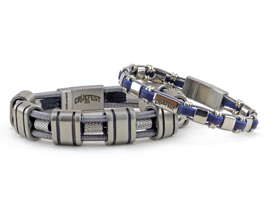 Take your merch to the next level with custom bracelets hand made from repurposed, used guitar strings by Retuned Jewelry in Colorado. Perfect for bands, musicians, music festivals, fundraisers and more! These bracelets were made for the 206 Cruefest fundraiser.