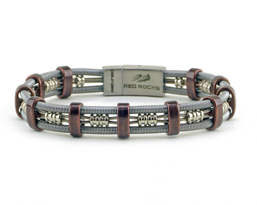 Take your merch to the next level with custom bracelets hand made from repurposed, used guitar strings by Retuned Jewelry in Colorado. Perfect for bands, musicians, music festivals, fundraisers and more! This sample was made for Red Rocks Amphitheater.