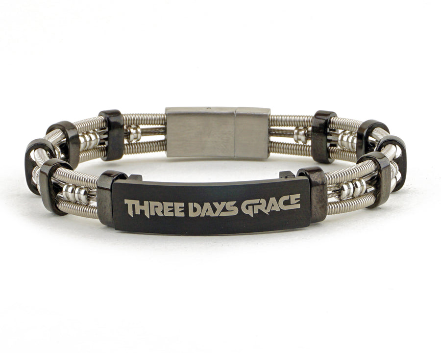 Take your merch to the next level with custom bracelets hand made from repurposed, used guitar strings by Retuned Jewelry in Colorado. Perfect for bands, musicians, music festivals, fundraisers and more! This sample bracelet was made for Three Days Grace.