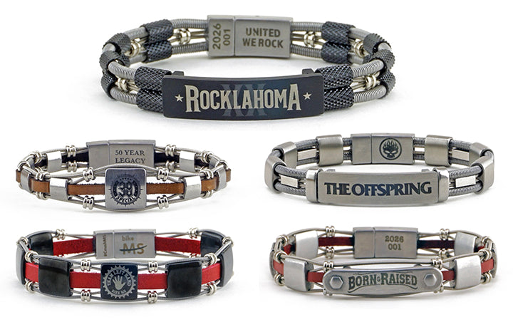 Take your merch to the next level with custom bracelets hand made from repurposed, used guitar strings by Retuned Jewelry in Colorado. Perfect for bands, musicians, music festivals, fundraisers and more!